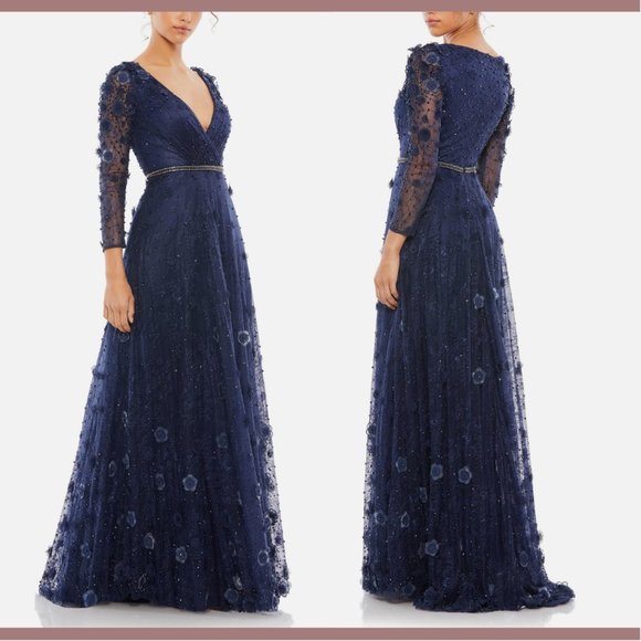NEW $798‎ Mac Duggal [ 8 ] Floral Applique Long Sleeve Wrap Gown Blue - Picture 16 of 16